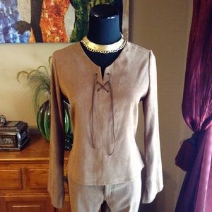 George Marciano Faux Suede Pant Set Womens Medium Tan Lace Up Boho